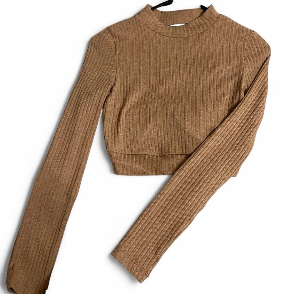 Ribbed Brown Long Sleeve Crop Top